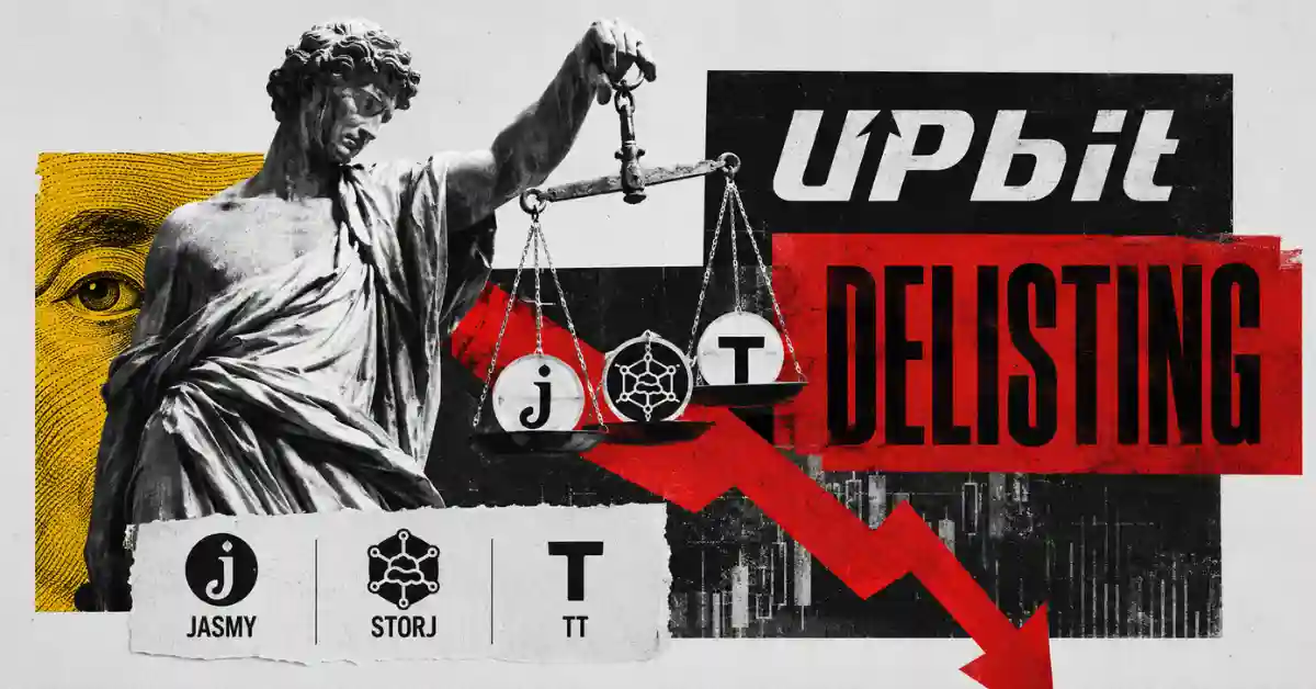 Classical statue holding scales with Jasmy, Storj, and TT logos beside Upbit delisting text and falling arrow.