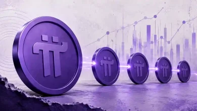 Graphic illustrating repetitive Pi Network token transfers with lining coins and background market charts.