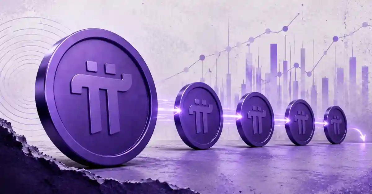 Graphic illustrating repetitive Pi Network token transfers with lining coins and background market charts.
