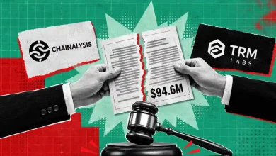 Hands tearing $94.6M contract over judge gavel between Chainalysis and TRM Labs logos.