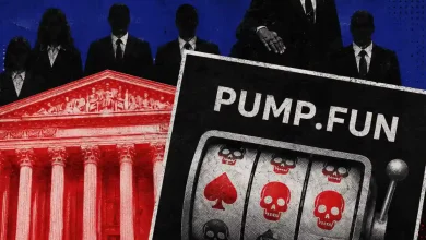 Pump.fun slot machine with skull symbols in front of court building and shadowy figures.