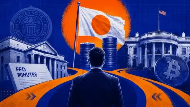 Businessman standing at a crossroad facing Japan flag, Fed building, and White House with Bitcoin.