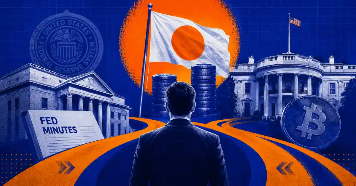 Businessman standing at a crossroad facing Japan flag, Fed building, and White House with Bitcoin.