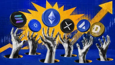 Hands reaching out of holes toward floating altcoin tokens under an explosive starburst and rising arrow.