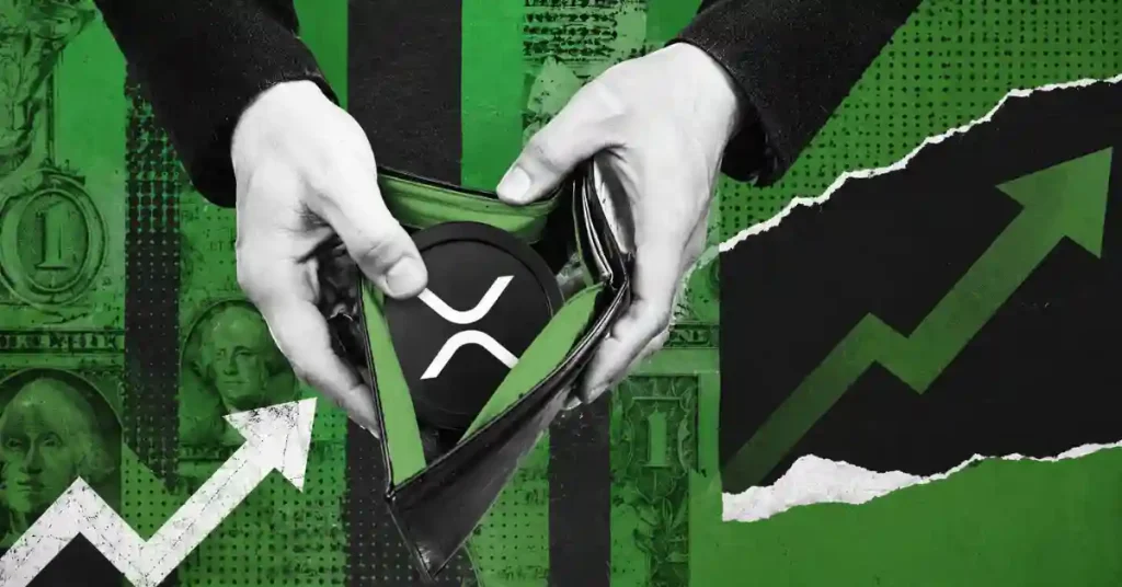 Hands opening a wallet with an XRP coin inside, framed by green upward arrows.