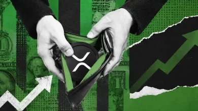 Hands opening a wallet with an XRP coin inside, framed by green upward arrows.