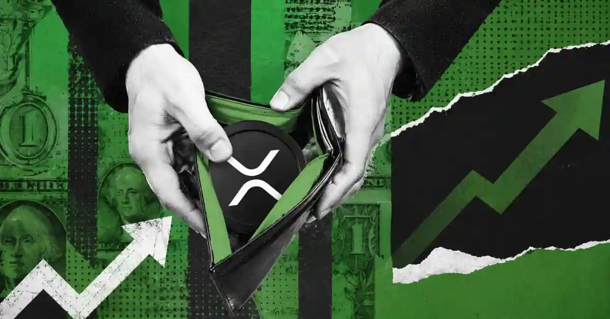 Hands opening a wallet with an XRP coin inside, framed by green upward arrows.