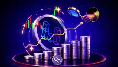 ether.fi coin beside stacked coins, growth chart line, and magnifying glass inspecting candlestick trends.