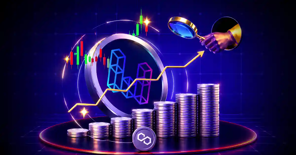 ether.fi coin beside stacked coins, growth chart line, and magnifying glass inspecting candlestick trends.