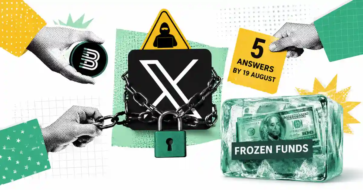 Chained X logo with padlock, hacker warning sign, and cash frozen in ice.