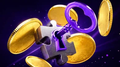 Purple key unlocking puzzle piece surrounded by floating gold coins.
