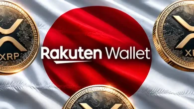 Rakuten Wallet text over Japanese flag surrounded by gold XRP coins.