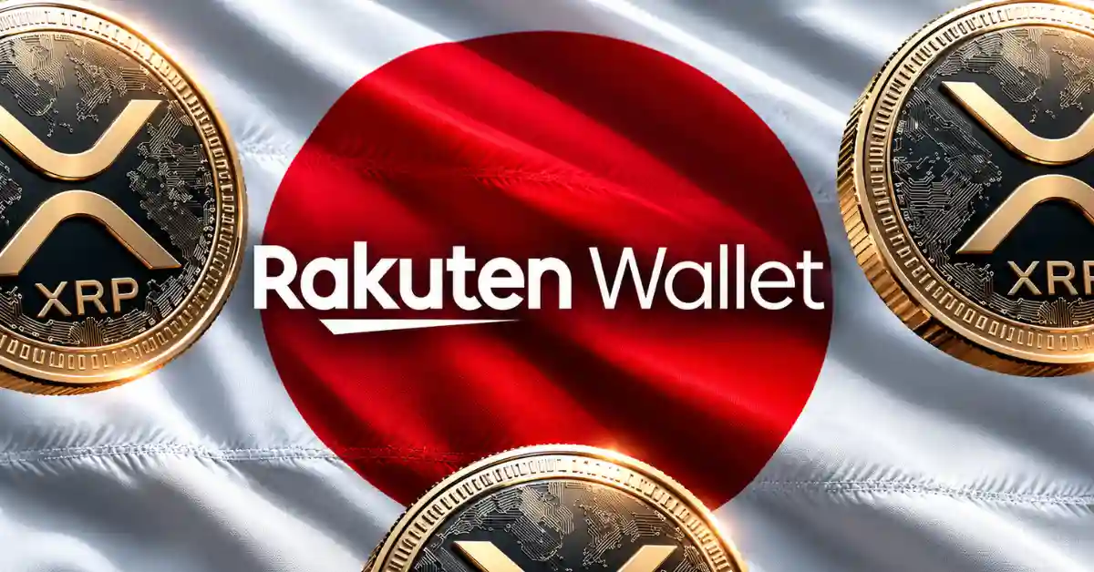 Rakuten Wallet text over Japanese flag surrounded by gold XRP coins.