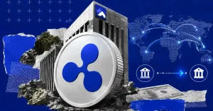 XRP coin in front of Jeonbuk Bank building with global network and bank icons.