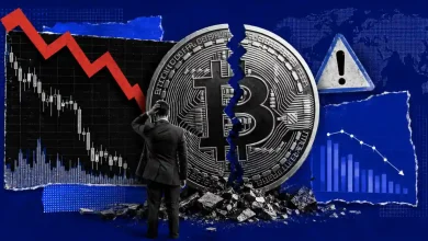 Trader looking at cracked Bitcoin coin beside declining chart with red arrow.