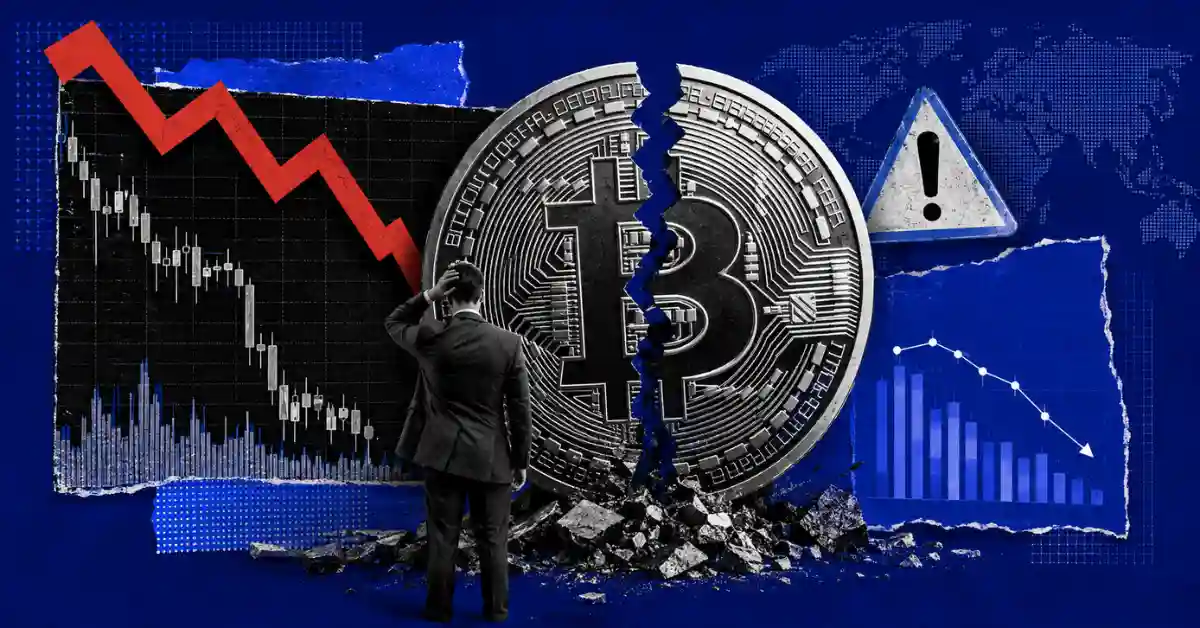 Trader looking at cracked Bitcoin coin beside declining chart with red arrow.