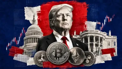 Donald Trump framed by the U.S. Capitol, White House, and major crypto coins.