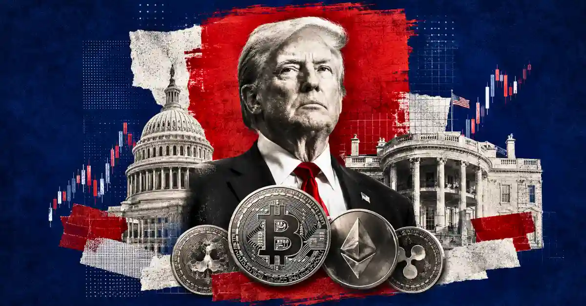 Donald Trump framed by the U.S. Capitol, White House, and major crypto coins.