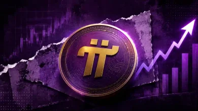 Glowing Pi Network coin beside a rising purple growth chart and upward arrow.