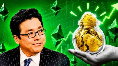 Tom Lee looking at a hand holding a jar of gold coins amid Ethereum logos.