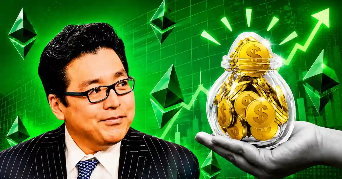 Tom Lee looking at a hand holding a jar of gold coins amid Ethereum logos.