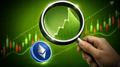 Hand holding a magnifying glass inspecting an upward green trend line next to an Ethereum token.
