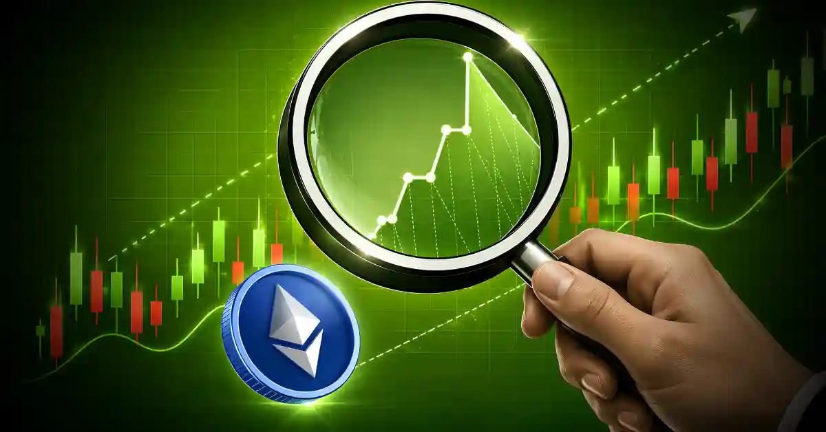 Hand holding a magnifying glass inspecting an upward green trend line next to an Ethereum token.