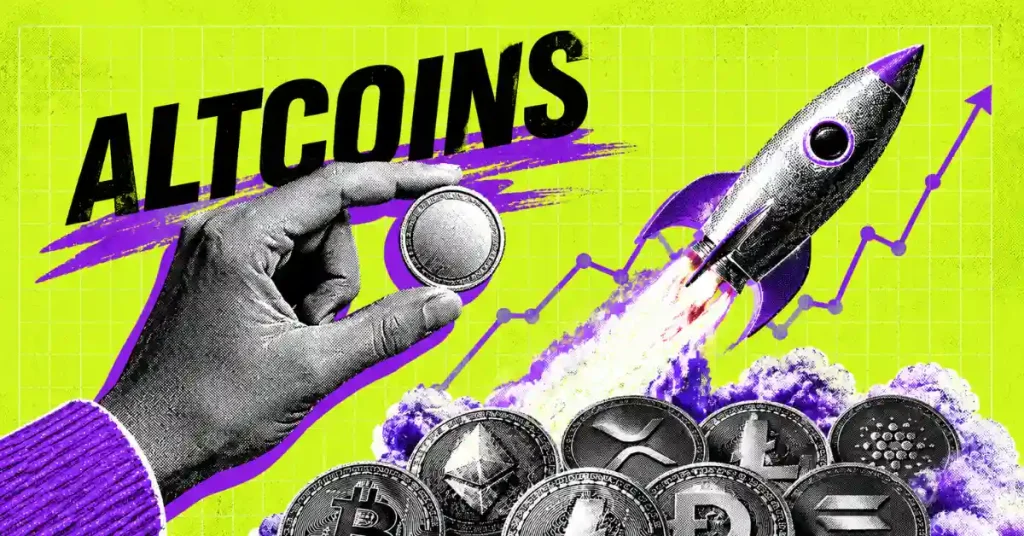 Hand holding a crypto coin beside a rocket launching over altcoins and a rising chart.