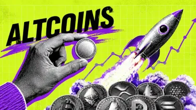 Hand holding a crypto coin beside a rocket launching over altcoins and a rising chart.