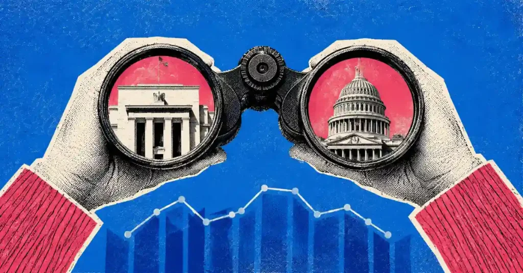 Binoculars focused on Federal Reserve and US Capitol over financial trend chart.