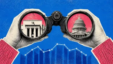 Binoculars focused on Federal Reserve and US Capitol over financial trend chart.