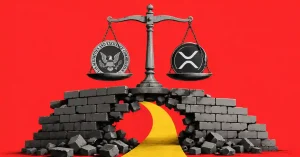 Scales of justice balancing SEC seal and XRP coin over broken brick wall.