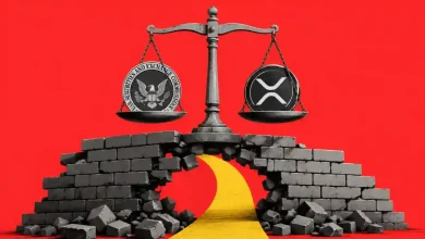 Scales of justice balancing SEC seal and XRP coin over broken brick wall.