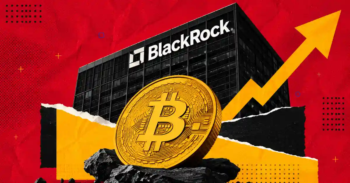 Gold Bitcoin coin in front of BlackRock headquarters with an upward yellow arrow.