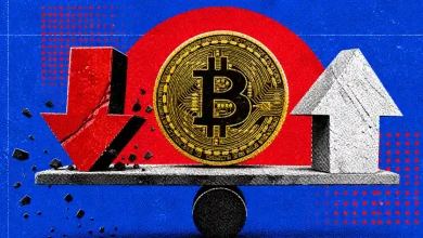 Gold Bitcoin coin balancing on a seesaw between a red downward arrow and a white upward arrow.