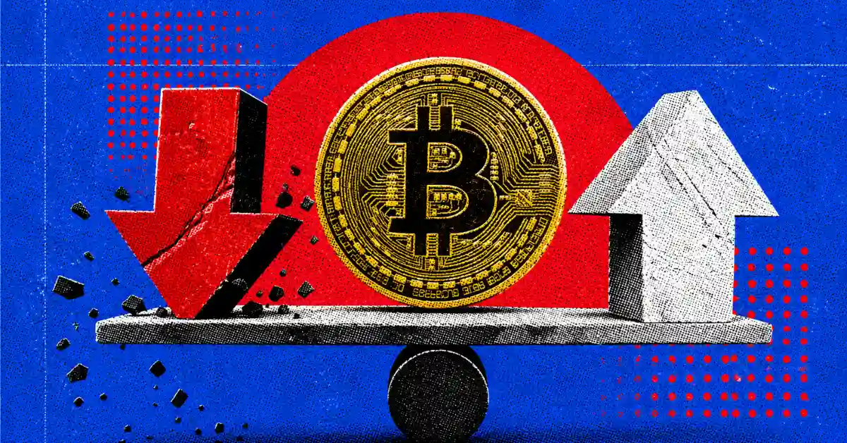 Gold Bitcoin coin balancing on a seesaw between a red downward arrow and a white upward arrow.