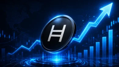 Glowing Hedera HBAR coin on a pedestal next to a rising blue arrow.