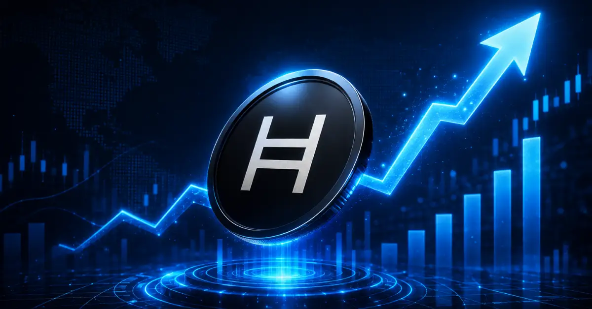 Glowing Hedera HBAR coin on a pedestal next to a rising blue arrow.