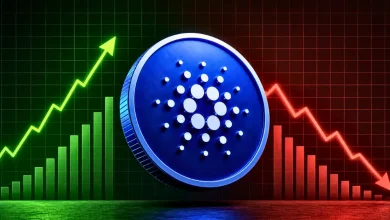 Cardano coin floating between a green rising chart arrow and a red falling chart arrow.