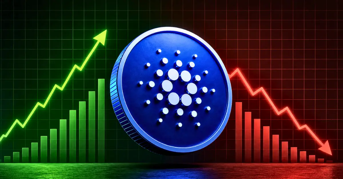 Cardano coin floating between a green rising chart arrow and a red falling chart arrow.