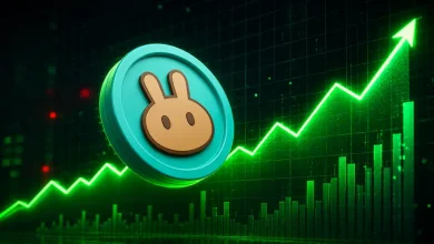 PancakeSwap CAKE coin floating next to a green upward trend arrow.