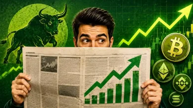 Man reading newspaper beside a green bull and rising crypto chart.