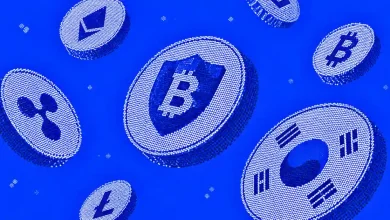 Digital Bitcoin shield and South Korea flag coin surrounded by crypto tokens.