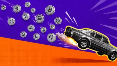 Speeding car leaving exhaust trail ahead of flying altcoin tokens.