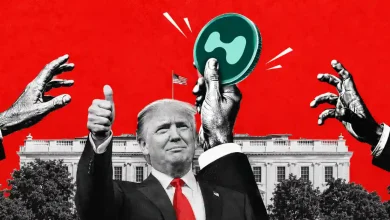 Donald Trump giving a thumbs-up in front of the White House with hands reaching for a green crypto coin.