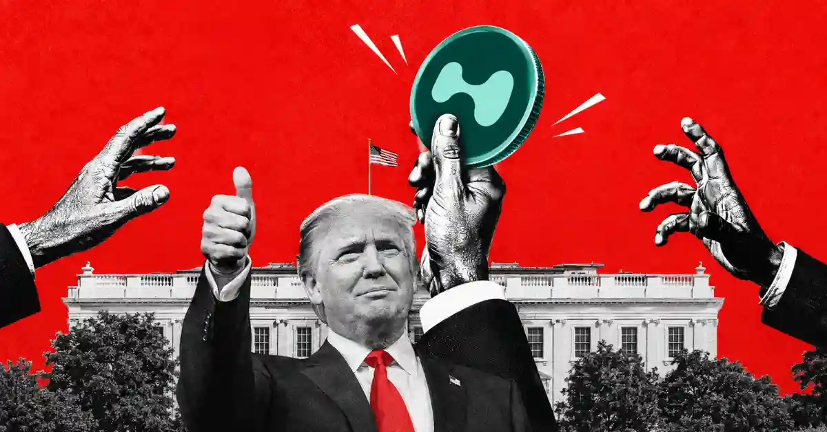 Donald Trump giving a thumbs-up in front of the White House with hands reaching for a green crypto coin.