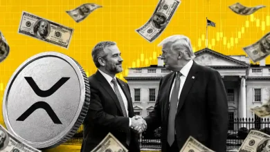 Brad Garlinghouse shaking hands with Donald Trump in front of the White House beside a large XRP coin.
