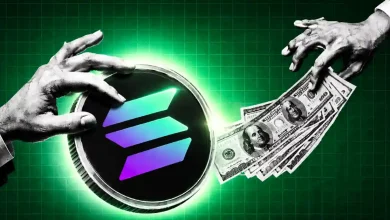 Hands exchanging cash for a glowing Solana token against a green background.