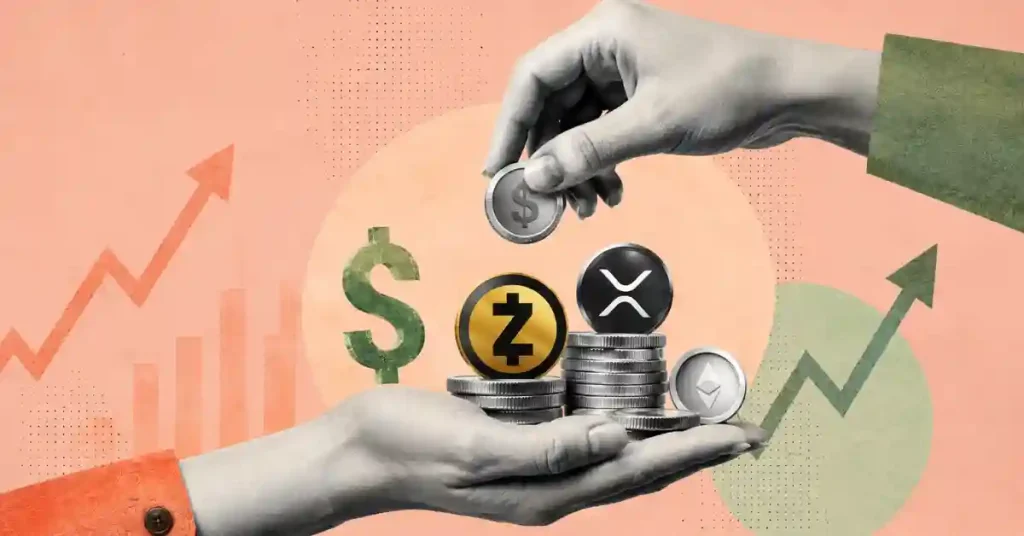 Hands stacking coins for Zcash, XRP, and Ethereum next to rising green chart arrows.