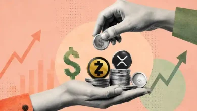 Hands stacking coins for Zcash, XRP, and Ethereum next to rising green chart arrows.